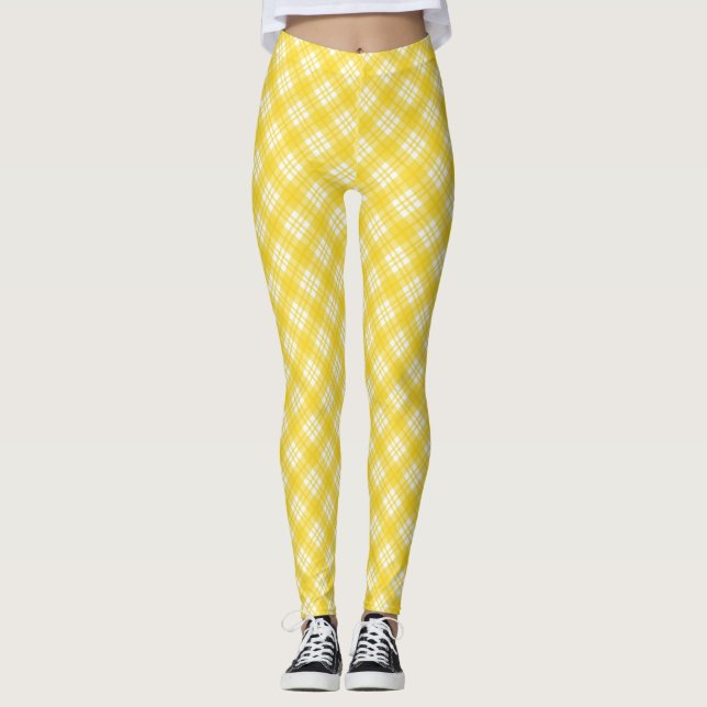 Yellow leggings with a white plaid pattern  (Front)