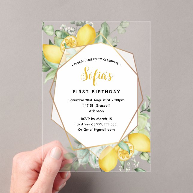 Yellow Lemon 1st Birthday Summer Party  Acrylic Invitations (Insitu (Handheld))