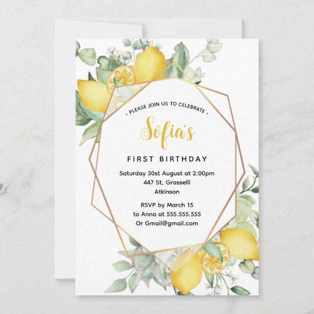 Yellow Lemon 1st Birthday Summer Party  Invitation (Front)