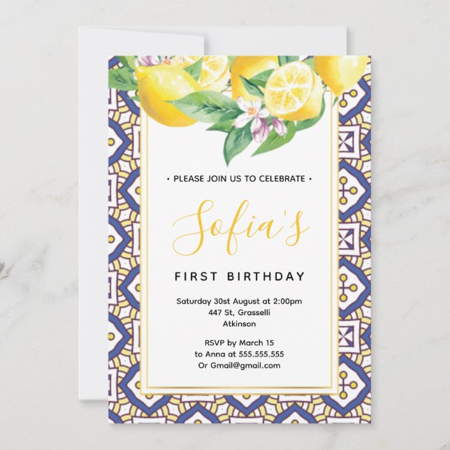 Yellow Lemon 1st Birthday Summer Party  Invitation (Front)