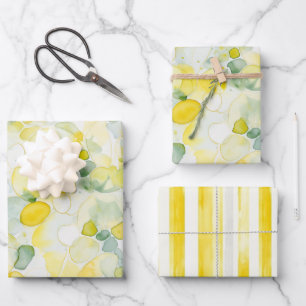 Yellow Lemon Abstract Stripes Bridal Shower Wrapping Paper Sheet