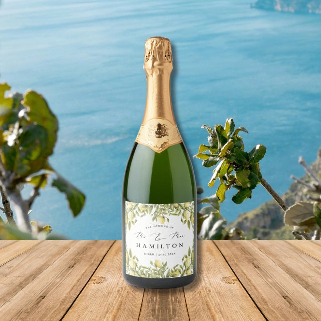 Yellow Lemon amalfi coast Mediterranean Wedding Sparkling Wine Label (Creator Uploaded)