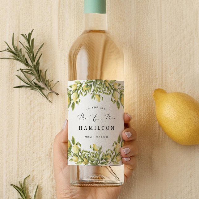 Yellow Lemon amalfi coast Mediterranean Wedding Wine Label (Creator Uploaded)
