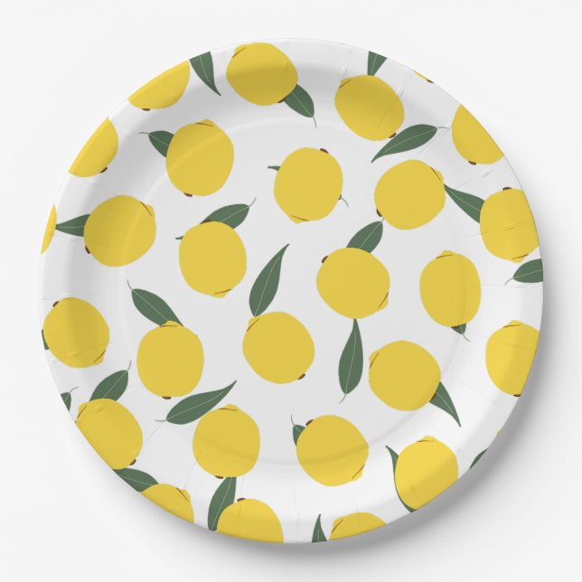 Yellow Lemon and Green Leaves Paper Plate (Front)
