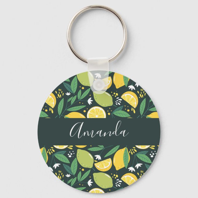 Yellow Lemon and Green Lime Fruit Food Pattern Key Ring (Front)