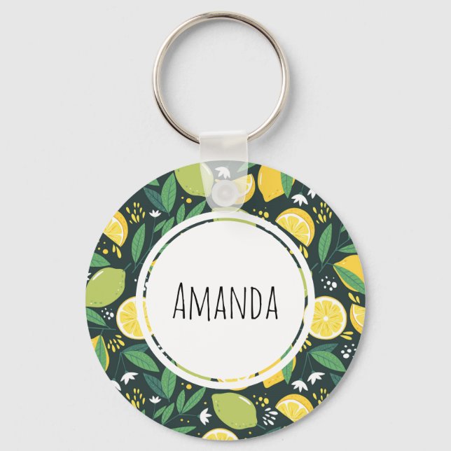 Yellow Lemon and Green Lime Fruit Food Pattern Key Ring (Front)