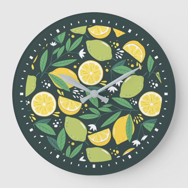 Yellow Lemon and Green Lime Fruit Food Pattern Large Clock (Front)