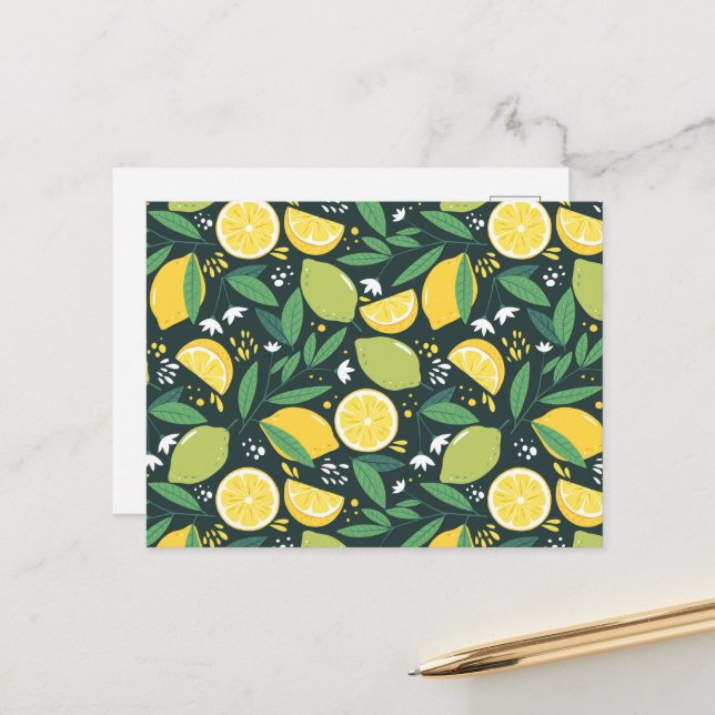Yellow Lemon and Green Lime Fruit Food Pattern Postcard (Front/Back In Situ)