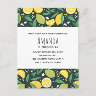 Yellow Lemon and Green Lime Fruit Pattern Birthday Invitation Postcard