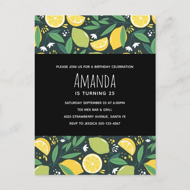 Yellow Lemon and Green Lime Fruit Pattern Birthday Invitation Postcard (Front)
