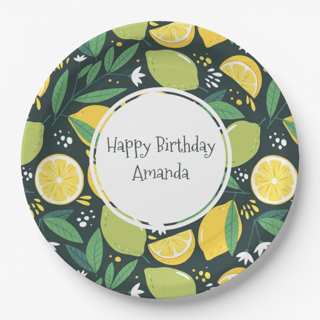 Yellow Lemon and Green Lime Fruit Pattern Birthday Paper Plate (Front)