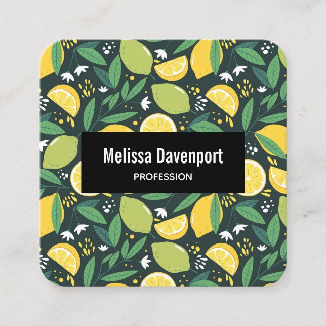 Yellow Lemon and Green Lime Fruit Pattern Square Business Card (Front)