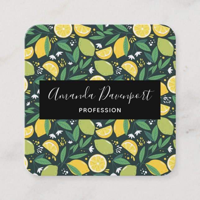 Yellow Lemon and Green Lime Fruit Pattern Square Business Card (Front)