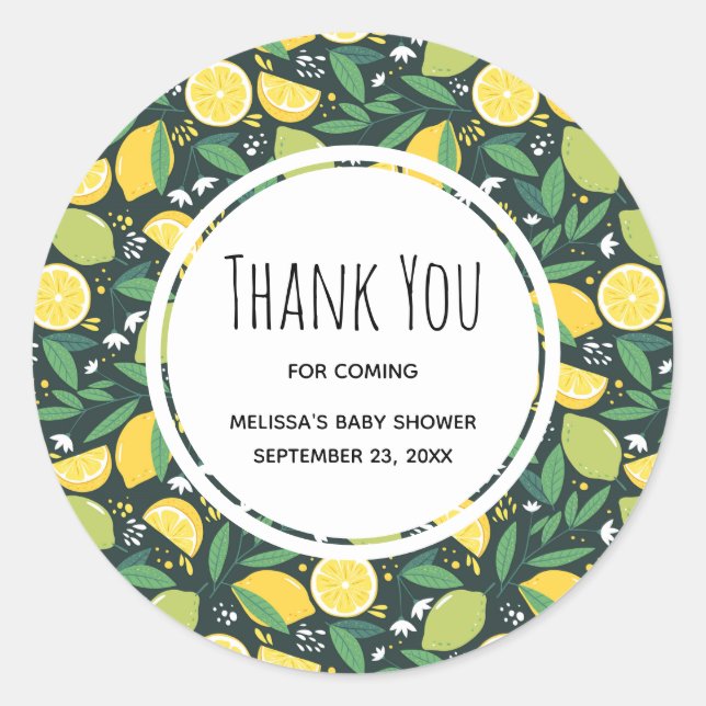 Yellow Lemon and Lime Fruit Pattern Baby Shower Classic Round Sticker (Front)