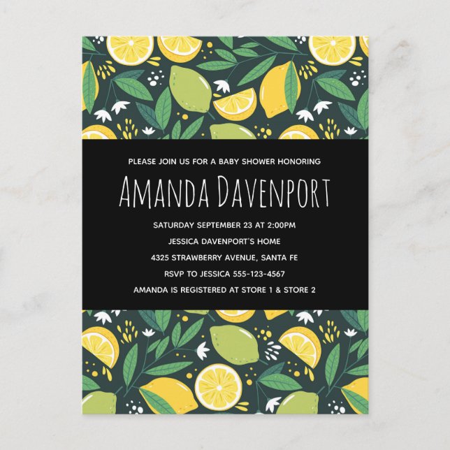 Yellow Lemon and Lime Fruit Pattern Baby Shower Invitation Postcard (Front)