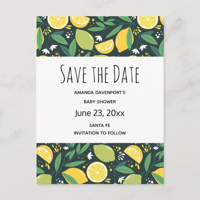 Yellow Lemon and Lime Fruit Pattern Save the Date Invitation Postcard (Front)