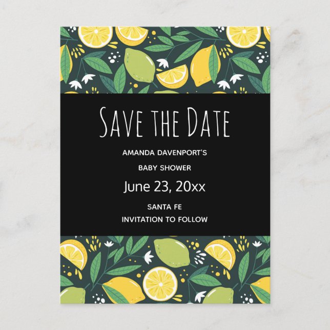 Yellow Lemon and Lime Fruit Pattern Save the Date Invitation Postcard (Front)