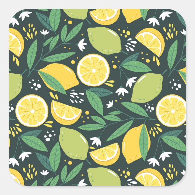 Yellow Lemon and Lime Fruit Pattern Square Sticker (Front)
