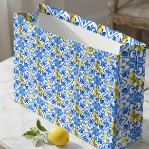 Yellow Lemon Blue Tile Large Gift Bag