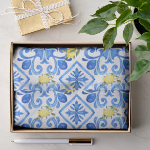 Yellow Lemon Blue Tile Tissue Paper