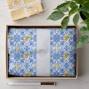 Yellow Lemon Blue Tile Watercolor Monogram Name Tissue Paper