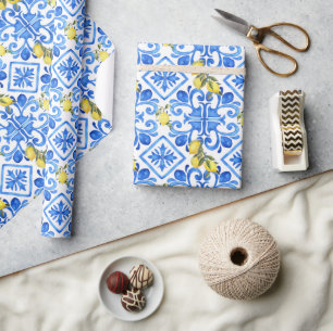 Yellow Lemon Blue Tile Wrapping Paper