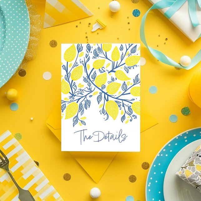 Yellow lemon, blue vines wedding the details enclosure card (Bright yellow and blue lemon vines wedding enclosure card that says "The Details" in elegant script)