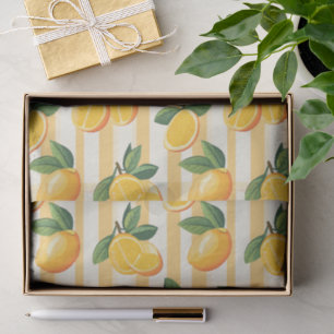 Yellow Lemon Botanical Print on Cream Stripes Tissue Paper