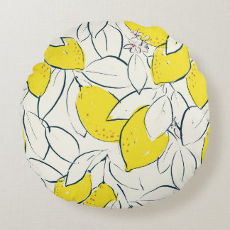 Yellow lemon citrus fruit hand drawn illustration round cushion