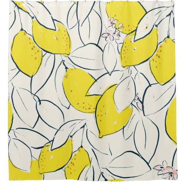 Yellow lemon citrus fruit hand drawn illustration  shower curtain (Front)