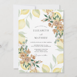 Yellow Lemon Citrus Grey Eucalyptus Wedding Invitation