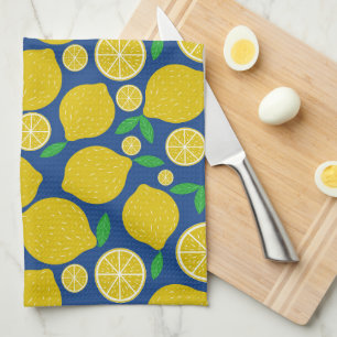 Yellow Lemon Citrus Pattern on Blue  Tea Towel