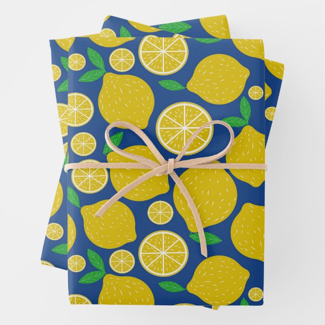 Yellow Lemon Citrus Pattern on Blue  Wrapping Paper Sheet (In situ)