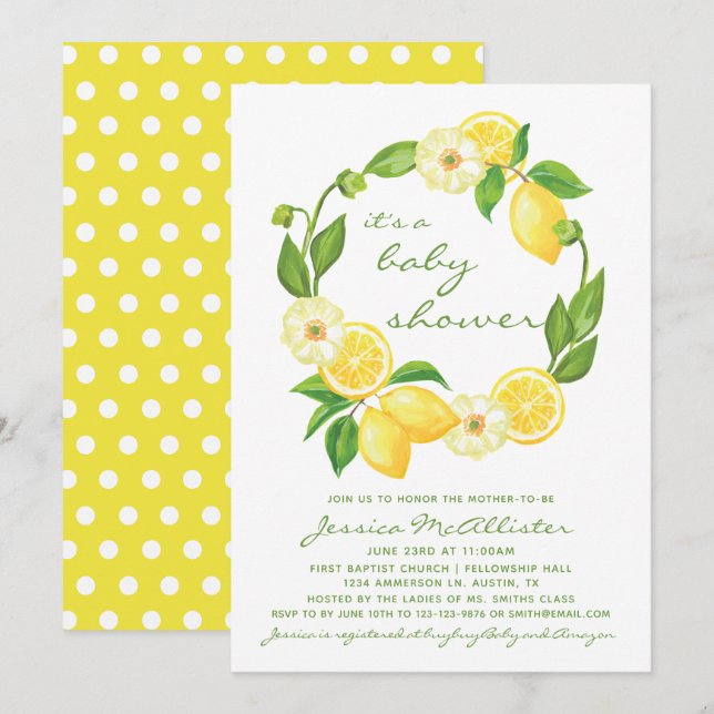 Yellow Lemon Citrus Polkadot Unisex Baby Shower Invitation (Front/Back)