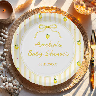 Yellow Lemon Citrus Stripes Baby Shower Paper Plate