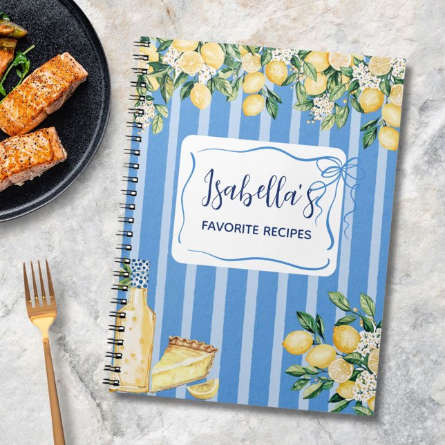 Yellow Lemon Fruit and Blue Stripes Recipe Journal (In situ)