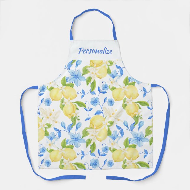 Yellow Lemon Fruit Blue Floral Personalised Design Apron (Front)