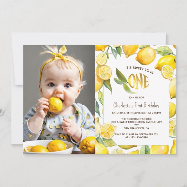 Yellow Lemon Fruit Citrus First 1st Birthday Photo Invitation (Front)