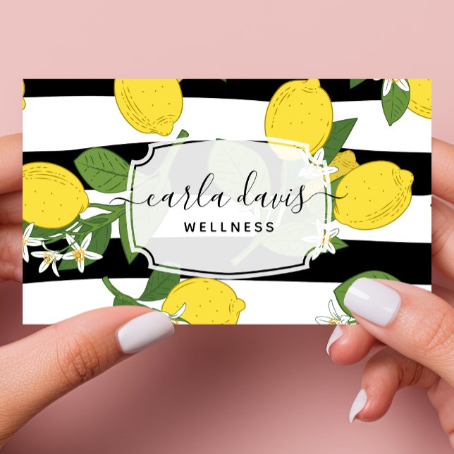 Yellow Lemon Fruit Citrus Floral Botanical Striped Business Card (Creator Uploaded)