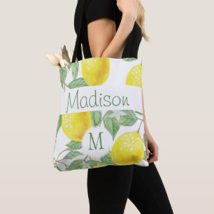 Yellow Lemon Fruit Summer Fun Initial Monogram Tote Bag