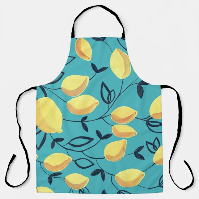 Yellow lemon gouache pattern on turquoise. apron (Front)