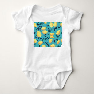 Yellow lemon gouache pattern on turquoise. baby bodysuit