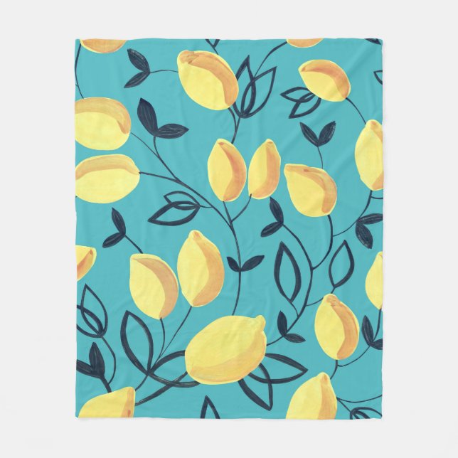 Yellow lemon gouache pattern on turquoise. fleece blanket (Front)