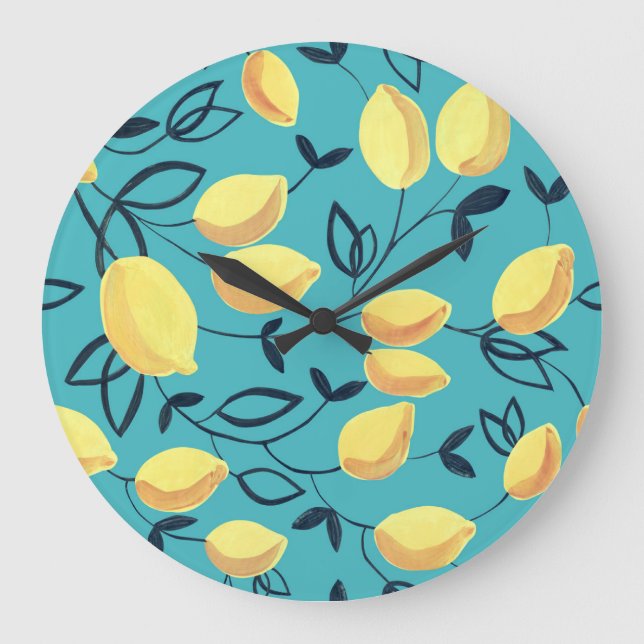 Yellow lemon gouache pattern on turquoise. large clock (Front)