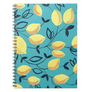 Yellow lemon gouache pattern on turquoise. notebook