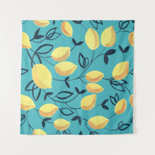 Yellow lemon gouache pattern on turquoise. tapestry