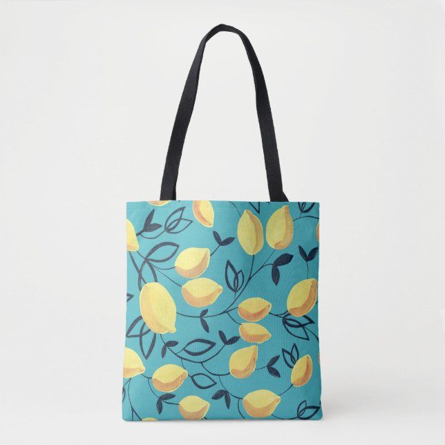 Yellow lemon gouache pattern on turquoise. tote bag (Front)