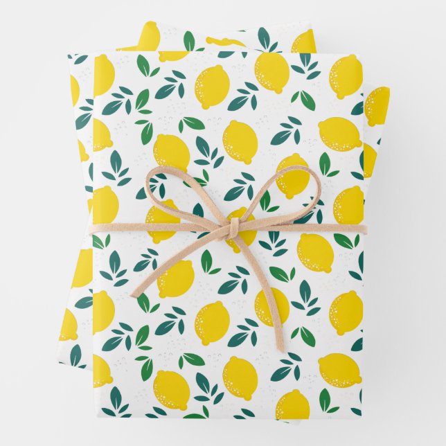 Yellow Lemon & Green Leaves Pattern Wrapping Paper Sheet (In situ)