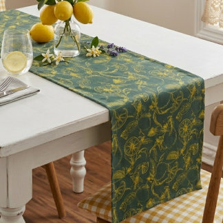 Yellow Lemon Hand Drawn Design on Dark Green Short Table Runner
