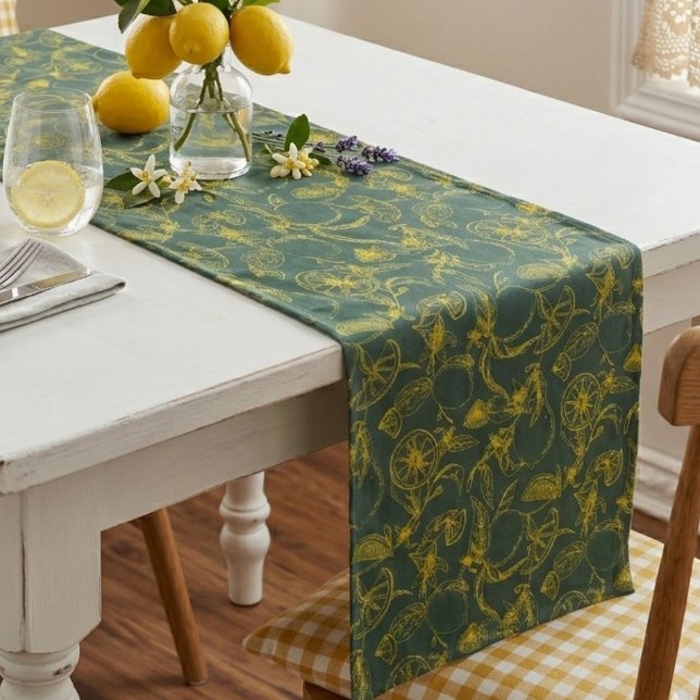 Yellow Lemon Hand Drawn Design on Dark Green  Short Table Runner (Creator Uploaded)